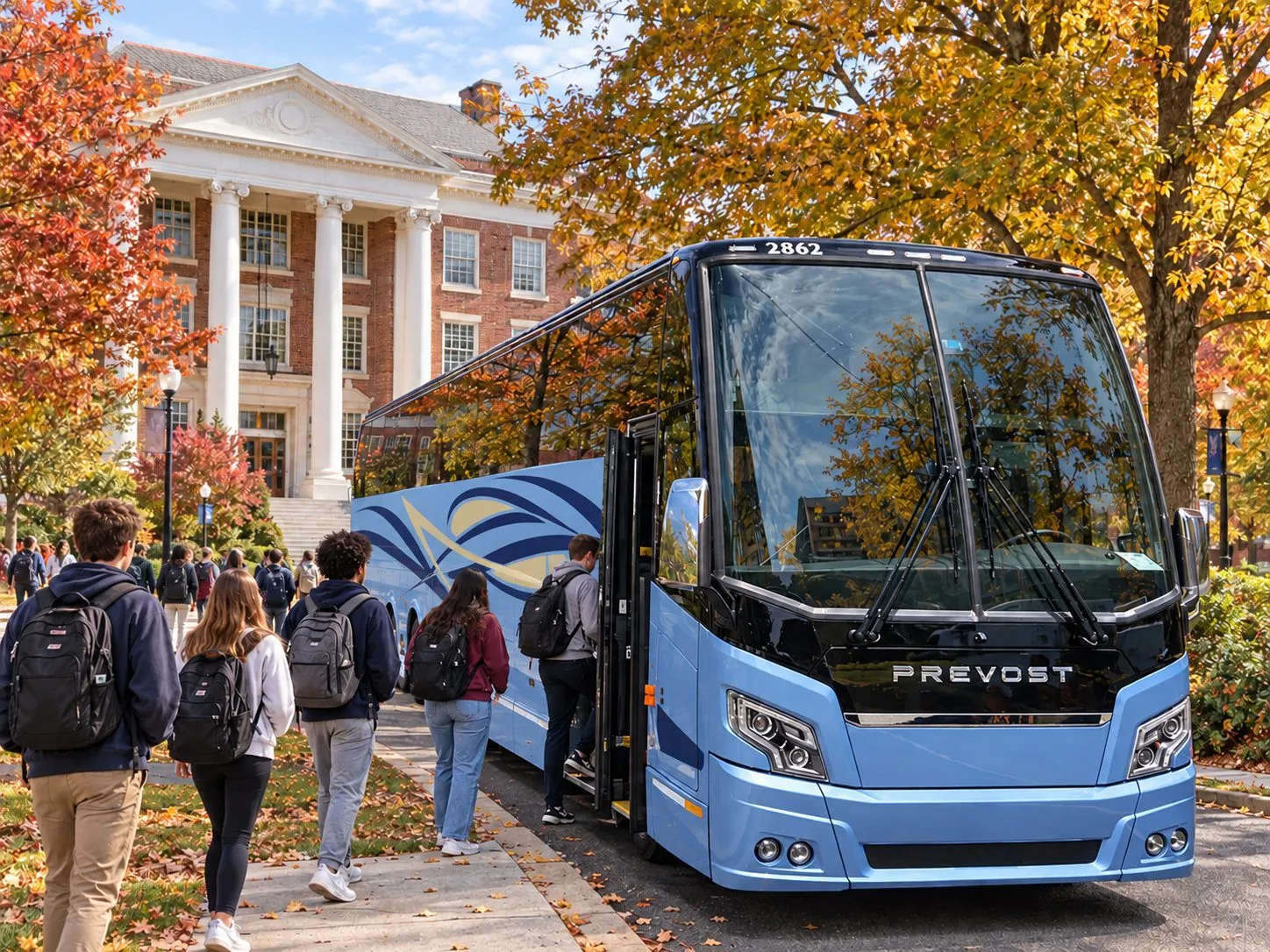 Charter coach bus at a university campus for a school trip